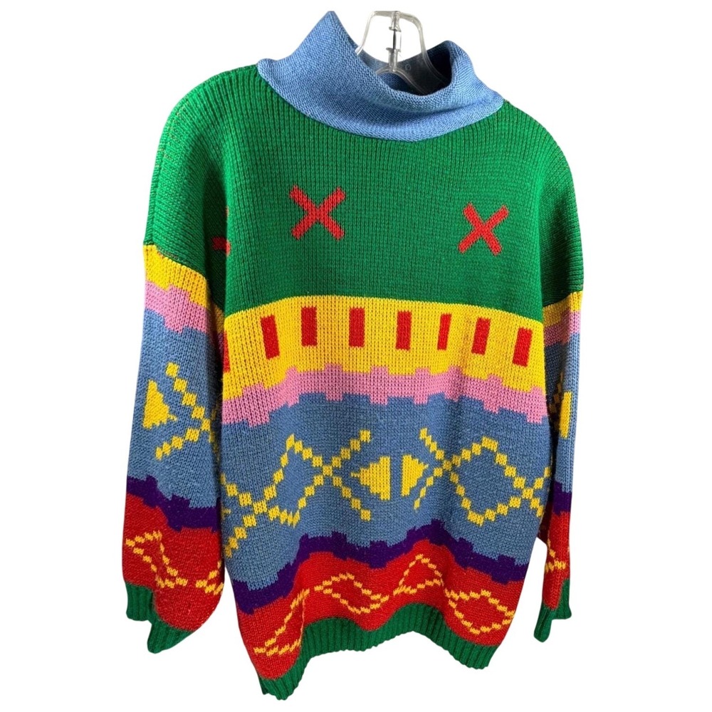 Vintage 80s Art Deco Retro Colorblock Geometric Knit Grandpa Sweater Oversized